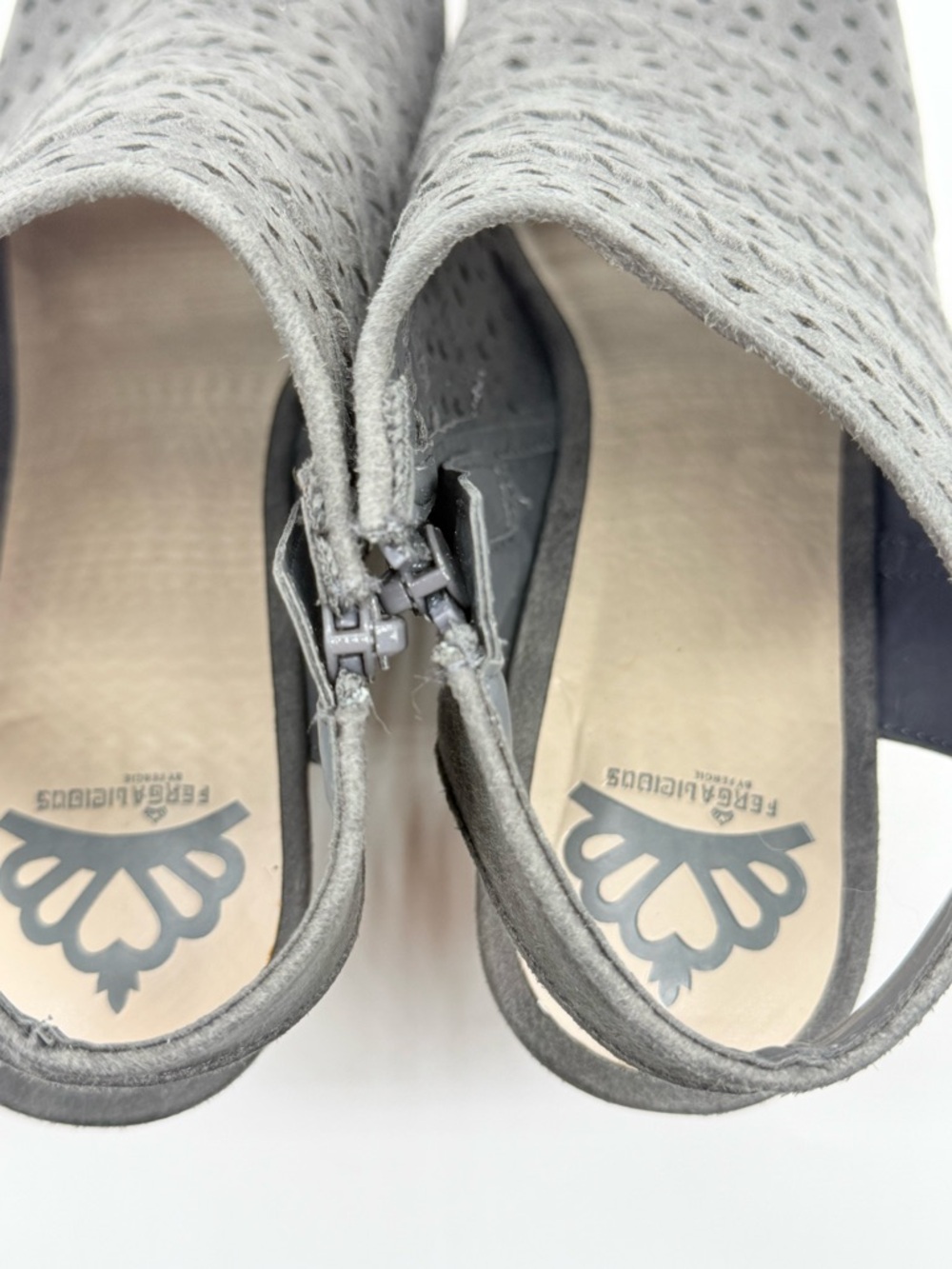Fergalicious Gray Perforated Suede Cork Wedge Sandals - Picture 8 of 12